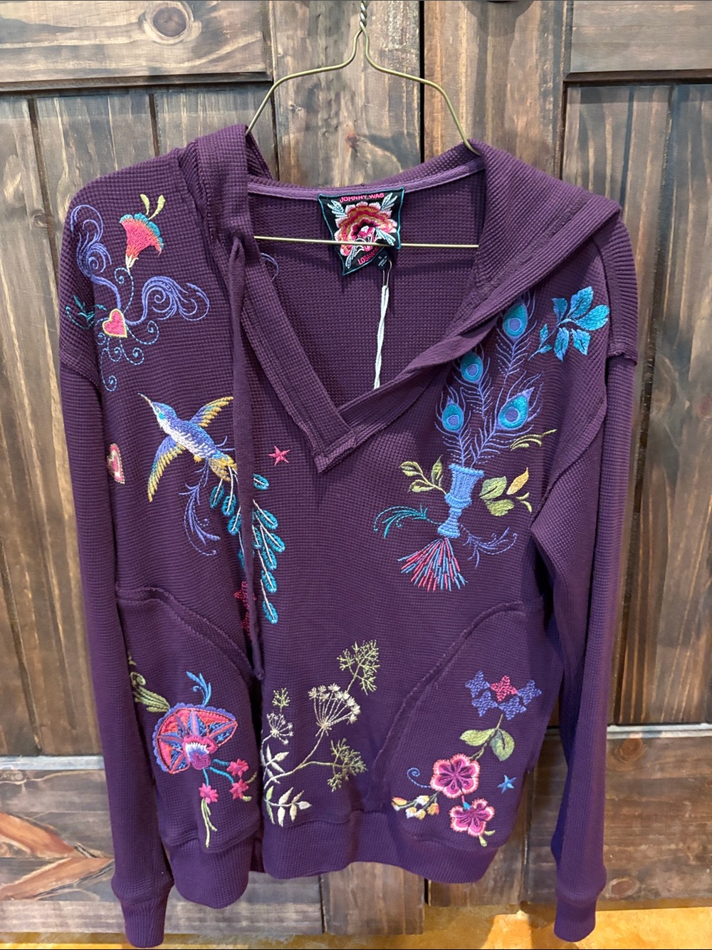 Johnny Was Plum Hooded Sweatshirt with Multicolor Embroidery